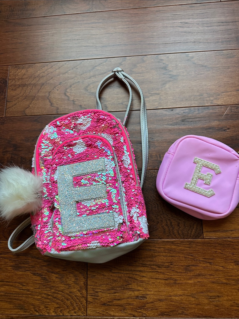 Kids Pink Sequin Backpack with 'E' Initial Accent